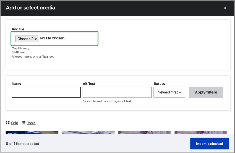 A screenshot of the new Drupal image library.