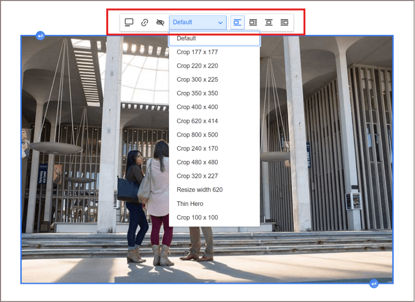 A screenshot of the new Drupal photo editor, with the new image styles menu opened to review the available options.