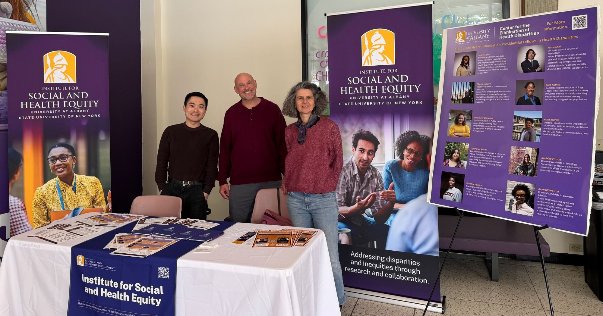 Right to left: Dr. Valerie Guerin, Grant Writer (ISHE); Dr. Paul Morgan, Director of ISHE; and Dr. Eric Hengyu Hu, Research Scientist (ISHE), at the 2026 UAlbany Showcase.