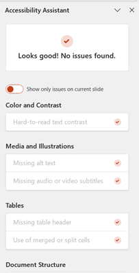 Screenshot of an accessibility assistant panel showing a summary of accessibility checks for a document. The panel indicates specific checks for color and contrast, media and illustrations, tables, document structure, and document access, some marked with warnings such as missing alt text and no headings.