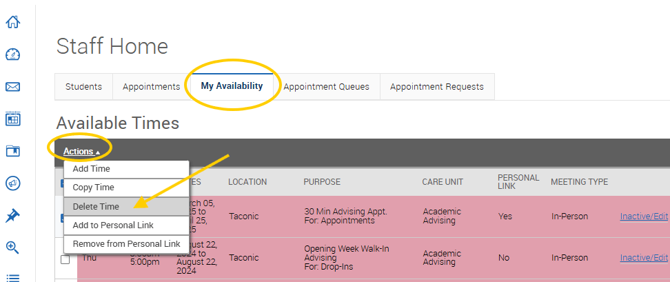 An EAB Navigate screenshot of the My Availability tab, showing the Actions menu and Delete Time option, as described in the text above this image.