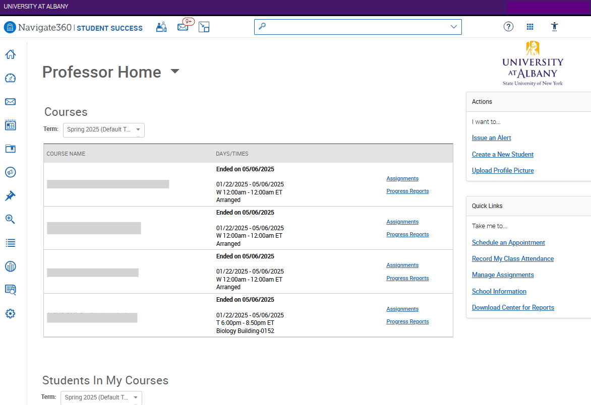 An EAB Navigate screenshot of the Professor Home Screen, as described in the text above this image.