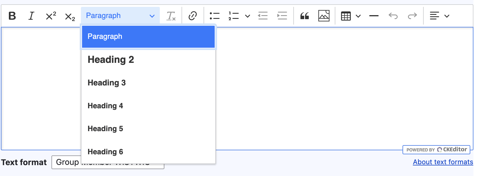 A screenshot of the Drupal editing tool bar with the heading options opened.