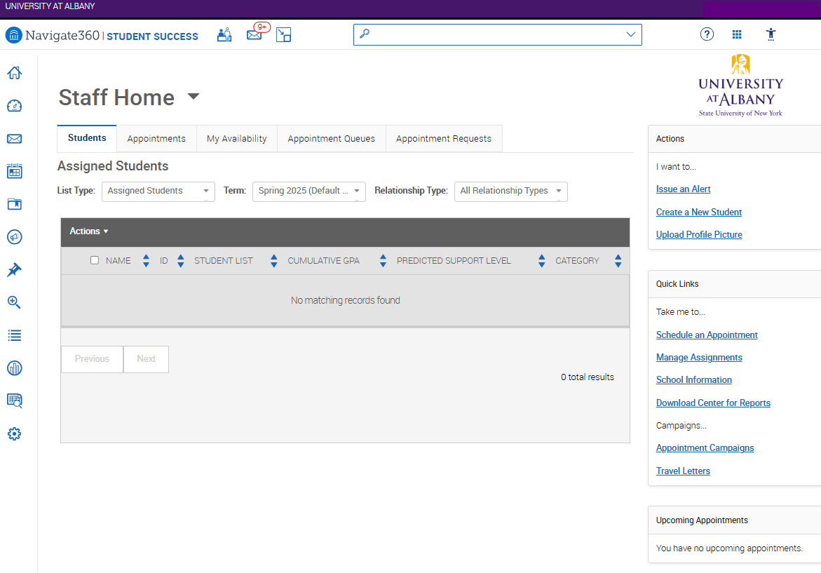 An EAB Navigate screenshot of the Staff Home Screen, as described in the text above this image.