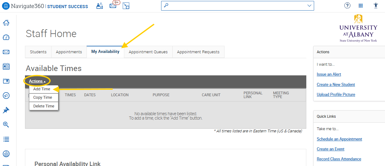 An EAB Navigate screenshot of the My Availability tab, Actions menu and Add Time option, as described in the text above this image.