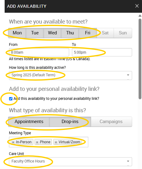 An EAB Navigate screenshot of the Add Availability screen, as described in the text above this image.