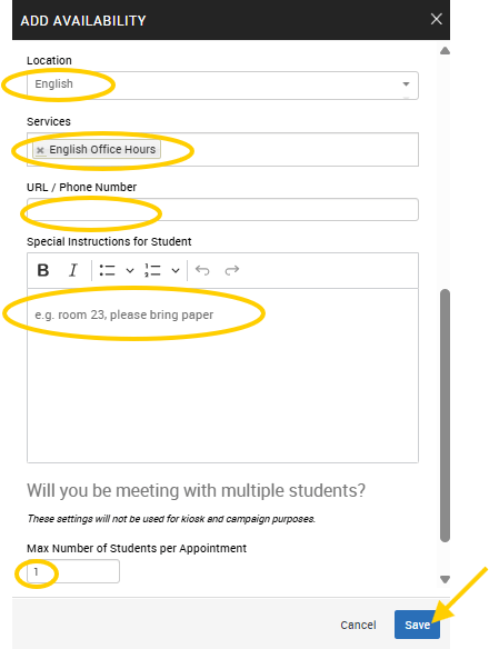 An EAB Navigate screenshot of the Add Availability screen, as described in the text above this image.
