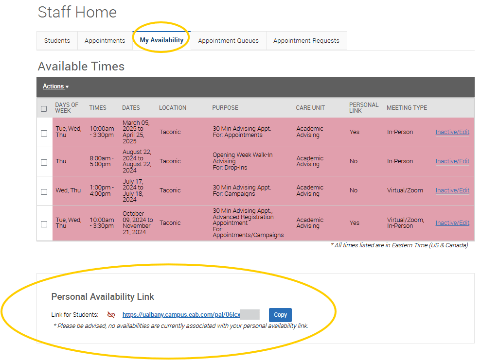 An EAB Navigate screenshot of the My Availability tab, showing the Personal Availability Link, as described in the text above this image.