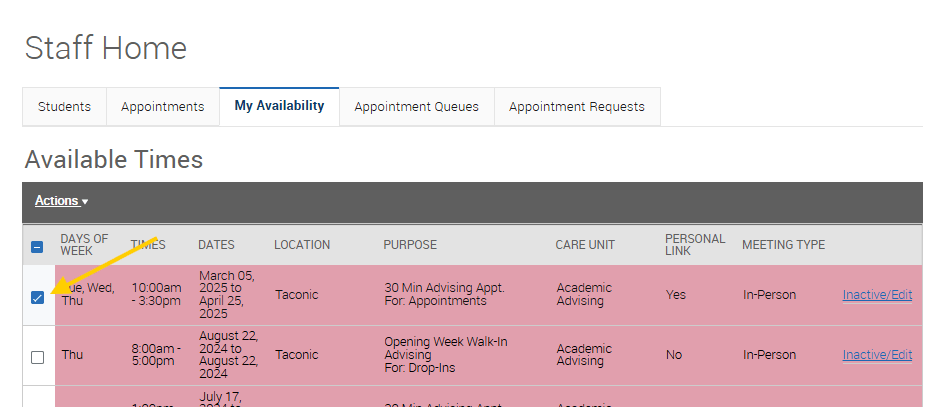 An EAB Navigate screenshot of the My Availability tab, showing the check boxes, as described in the text above this image.
