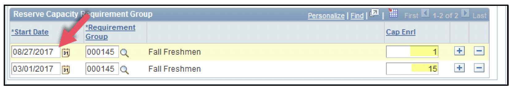 A screenshot of the PeopleSoft page, showing how to add a second future dated row, as described above.