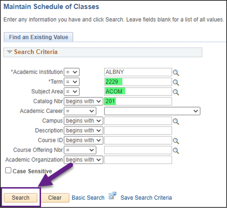 A PeopleSoft screenshot showing the action described in Step 2 above.
