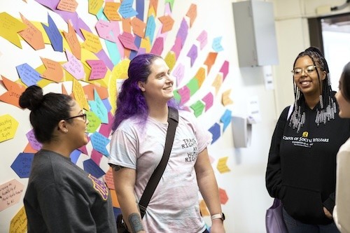 Students engaged in discussion in front of white board with many colorful post-it notes.