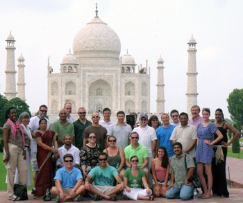 A group of UAlbany MBA students pose in front of the Taj Mahal.