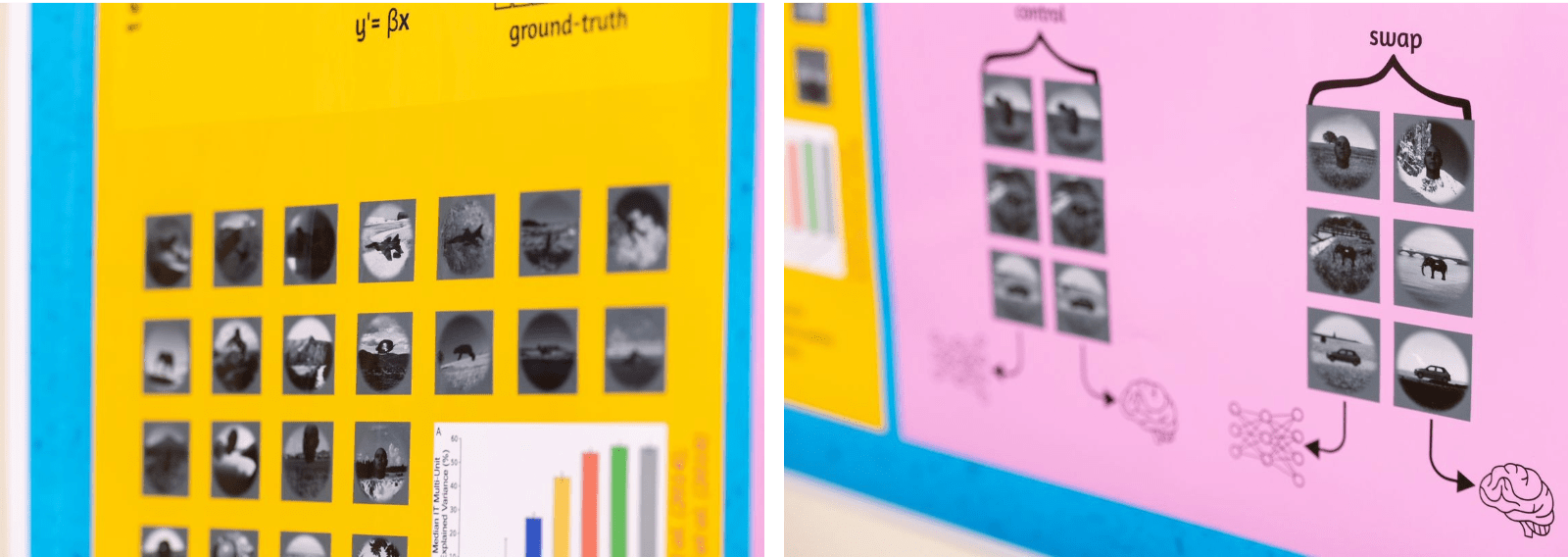 Composite image featuring two side by side photographs, each capturing a portion of a printed poster. The image on the left features a series of indistinct black and white thumbnail images. Within these, it is just possible to make out pictures featuring a fighter jet, a gorilla and a human head. The image at right features a similar collection of thumbnail images, arranged into two groups of six. Each grouping includes arrows at the bottom that point to a human brain and a series of circles connected with lines.