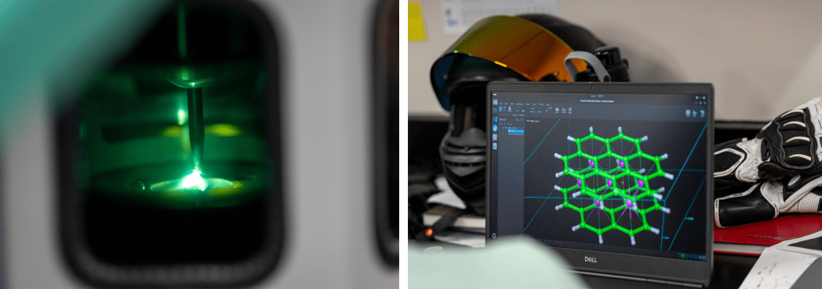 Left image: A narrow metal instrument expels a bright green light focused on a small mound of metallic compounds behind a pane of glass. Right image: Laptop screen featuring a molecular model comprised of interlocking green hexagons and small purple spheres against a black background.