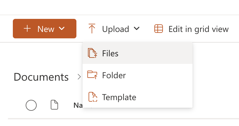 A screenshot of a SharePoint for Web Documents tool bar, with the Upload menu open and the Files option selected, as described in the text immediately above this image.