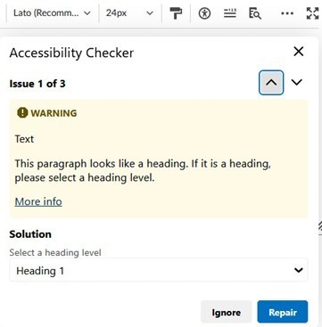Brightspace Accessibility Checker warning and solution, showing a description of the issue, a link to more info, and options to ignore or repair the flagged issue