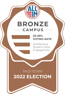 All In Bronze Campus 20-29% Voting Rate, Excellence in Student Voter Engagement Midterm 2022 Election Seal.