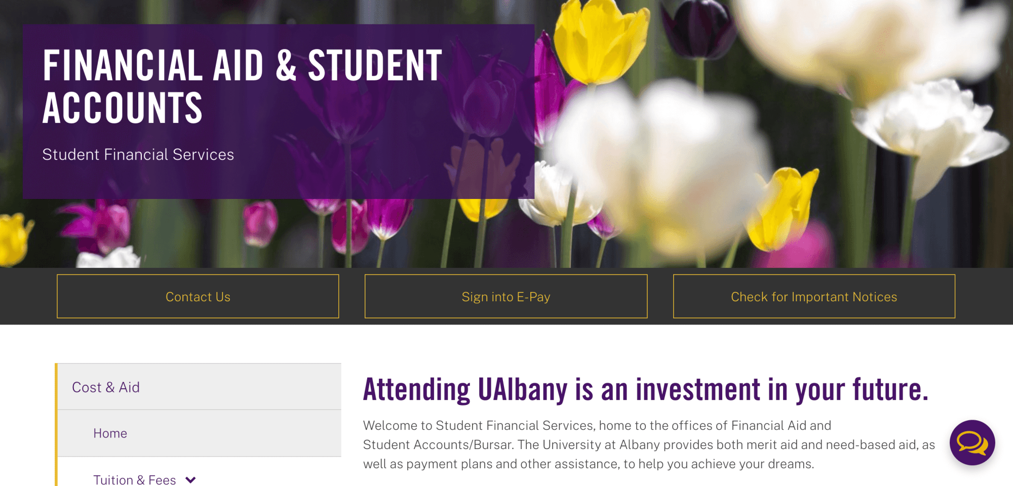 A screenshot of the Financial Aid and Student Accounts website's homepage, with call to action buttons for Contact Us, Sign into E-Pay and Check for Important Notices