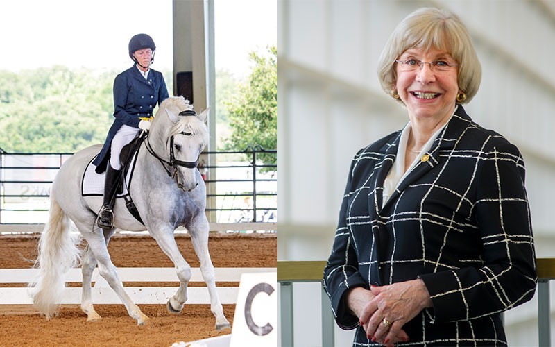 Kathleen Dennis on a horse and Edelgard Wulfert poses for a photo
