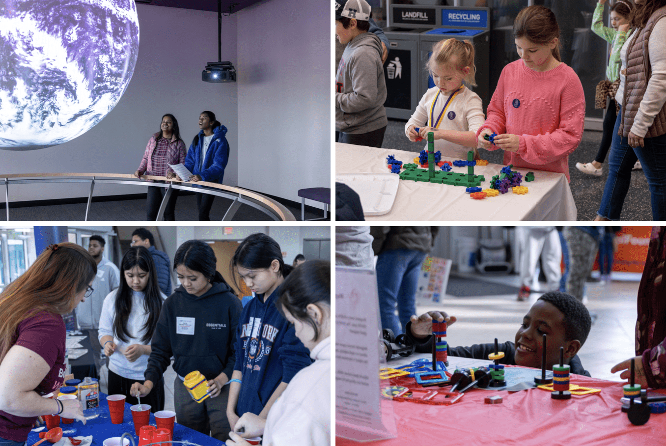 Composite of four pictures, including two people gazing at an Earth-like sphere suspended from the ceiling, and children and young teens playing with different science crafts