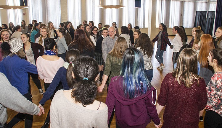 Area high school students studying the French language learn traditional French folk dance at the 2017 Francophone Day celebration in the Campus Center Ballroom.  Photos: Mark Schmidt