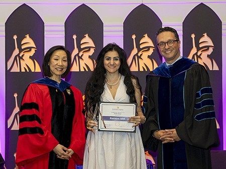 Raneem Afifi with Provost Carol Kim and Vice President for Student Affairs &amp; Enrollment Mike Christakis.