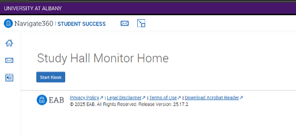 A screenshot of the EAB Navigate page that an administrative user would see upon signing into a kiosk. The blue "Start Kiosk" button is the only option.