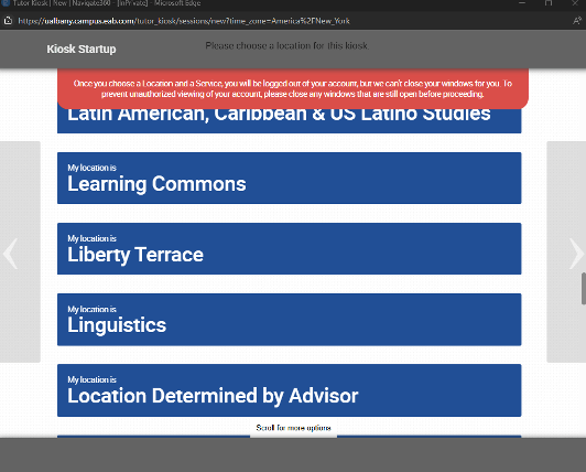 A screenshot of the second EAB Navigate page that an administrative user would see when starting up a kiosk. Available kiosks locations are listed.