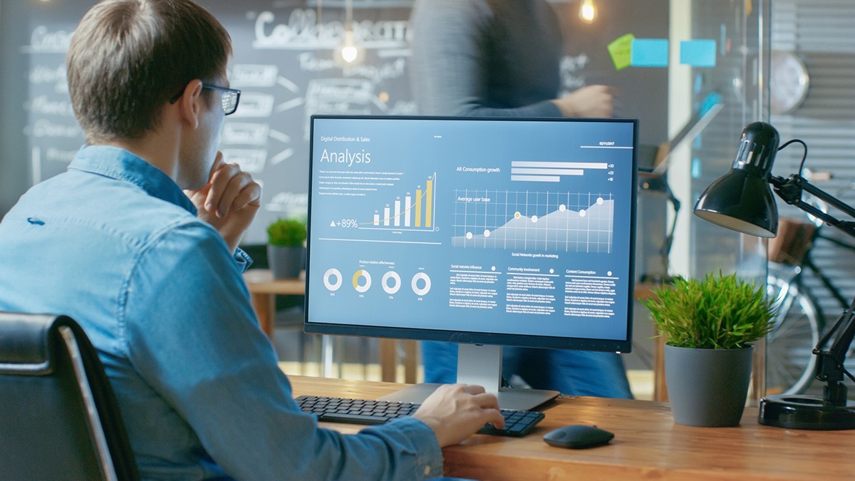 Young professional viewing data analysis on a computer