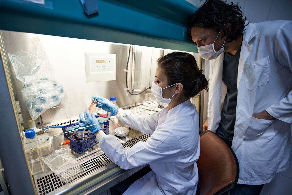 Two researchers working in a chemistry lab