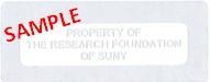 A sample of a Research Foundation asset tag. This tag is grayish silver, with the words "Property of the Research Foundation of SUNY."
