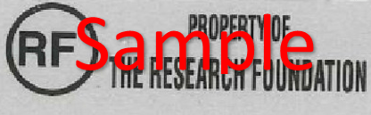 A sample of a Research Foundation asset tag. This tag is grayish silver, with an RF logo and the words "Property of the Research Foundation."