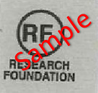 A sample of a Research Foundation asset tag. This tag is grayish silver, with an RF logo and the words "Research Foundation."