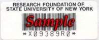 A sample of a Research Foundation asset tag. This tag is white, with a black code and inventory number, an RF logo and the words "The Research Foundation for the State University of New York."