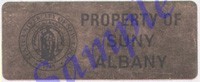A sample of a New York State asset tag. This tag is brownish gold, with the UAlbany logo and the words "Property of SUNY Albany."