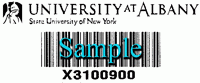 A sample of a New York State inventory tag. This tag is white, with a black bar code and inventory number, the UAlbany logo and the words "University at Albany, State University of New York."