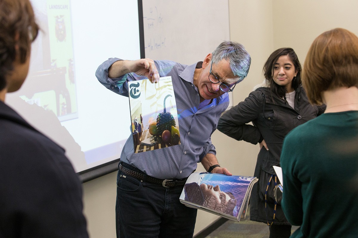 Professor Thomas Bass with UAlbany students in the Entrepreneurial Journalism course 