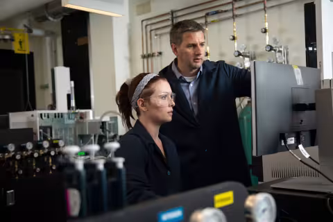 A professor and student work in the newly renovated Forensic Chemistry labs. 