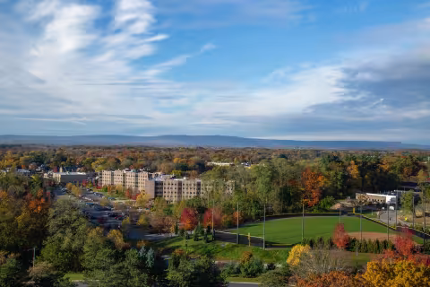 Aerial image of campus in the fall