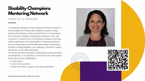 white slide with title and same text as caption, purple and yellow shapes to the right, photo of smiling Tammy Ellis-Robinson in black top with gray sweater, QR code