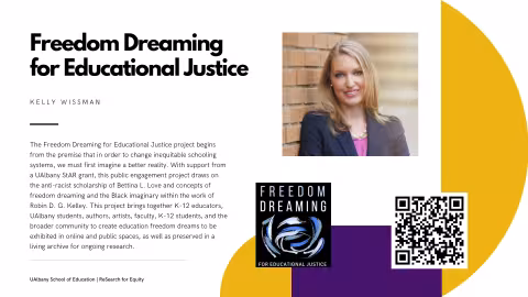 white slide with title and same text as caption, purple and yellow shapes to the right, Freedom Dreaming logo, photo of smiling Kelly Wissman in blue jacket, and QR code