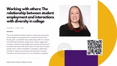 white slide with title and same text as caption, purple and yellow shapes to the right, photo of smiling Teniell Trolian in black top and red necklace, QR code