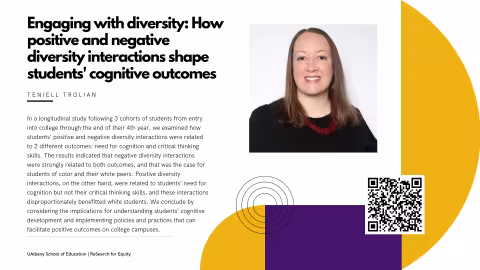 white slide with title and same text as caption, purple and yellow shapes to the right, photo of smiling Teniell Trolian in black top and red necklace, QR code