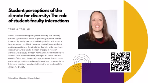 white slide with title and same text as caption, purple and yellow shapes to the right, photo of smiling Teniell Trolian in black top and red necklace, QR code