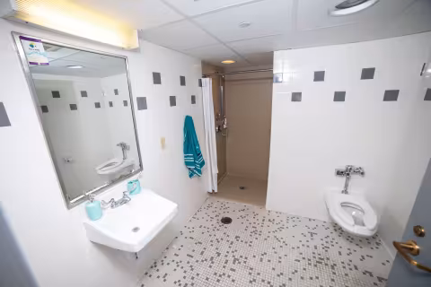 An en suite bathroom with a shower, toilet and sink.