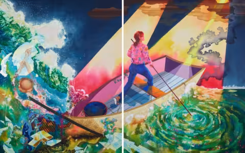Illustration shows a woman in a pink shirt and jeans standing backwards in a rowboat in swirling water