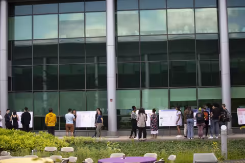  Landscape image of student posters in the Life Sciences building courtyard. 