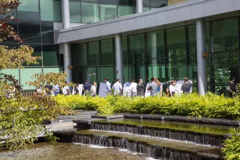Landscape image of student posters in the Life Sciences building courtyard. 