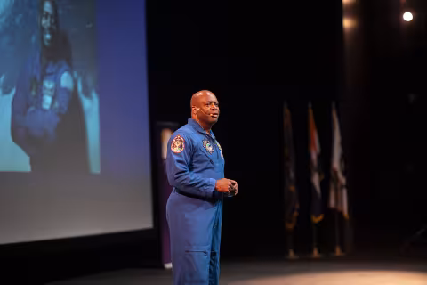 Former Astronaut Leland Melvin delivers the 10th Annual Bunshaft Lecture at UAlbany's Performing Arts Center.